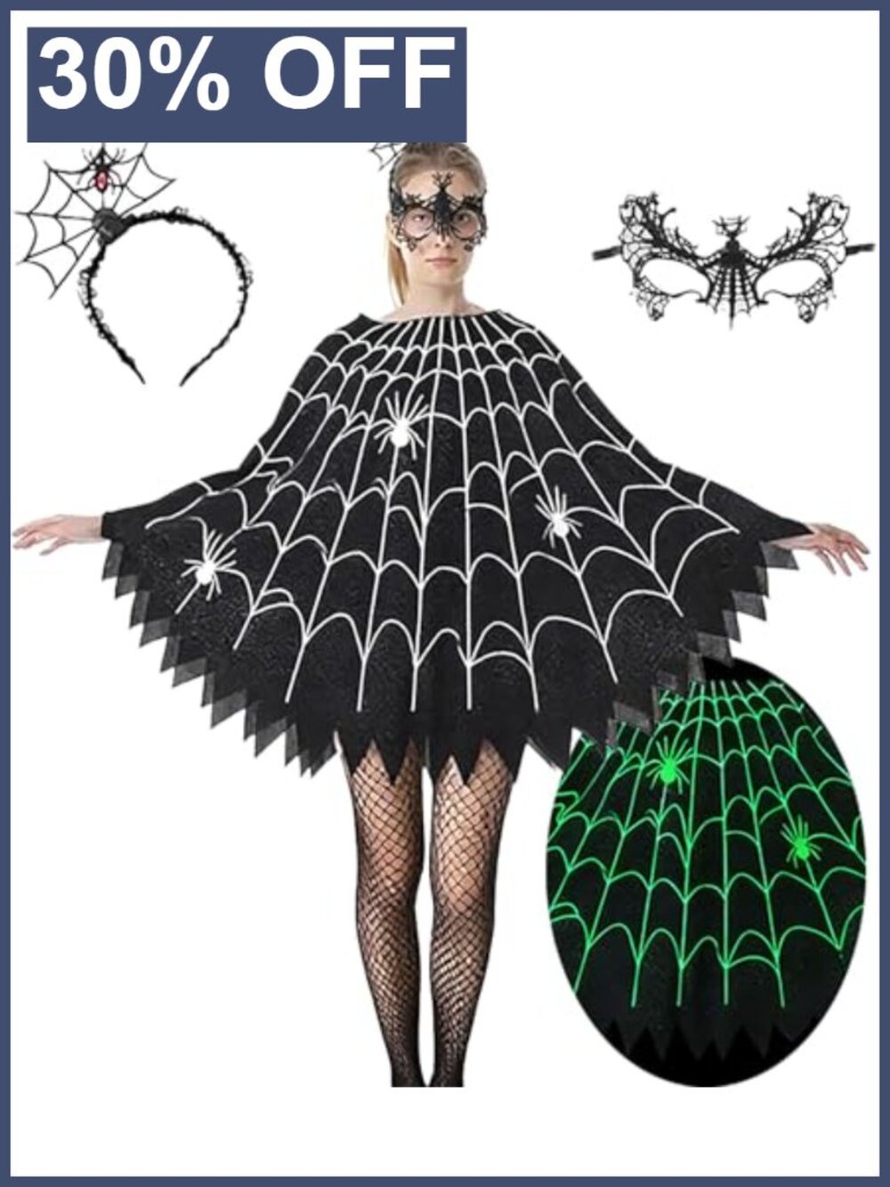 Spider Web Poncho Halloween Costume Set with Headband Mask Socks